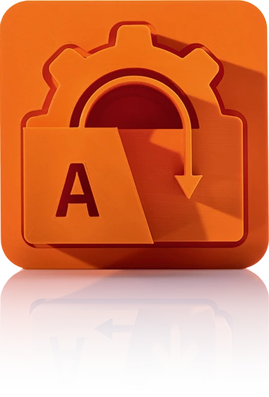 Le symbole est orange unicolore et représente une roue dentée dans laquelle une flèche s'enfonce de haut en bas. Au premier plan se trouve un grand « A ». Il est représenté dans un carré aux coins arrondis. Cette icône représente la gestion des traductions de crossbase.